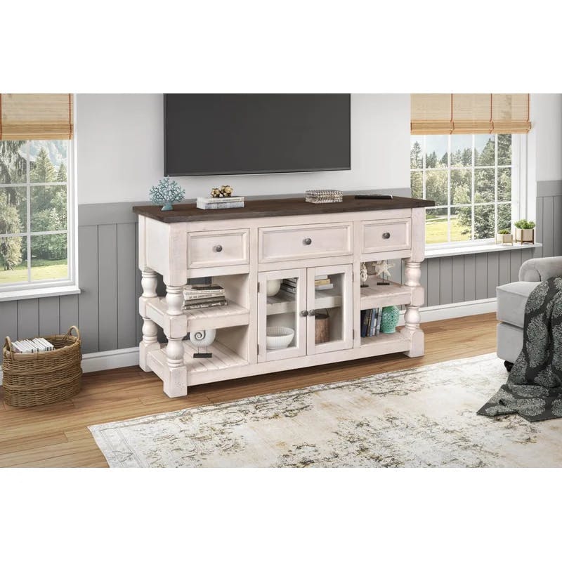 Cottage Charm Rustic Brown 60" Console with Glass Cabinet & Open Shelves