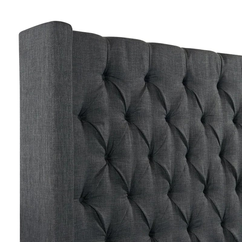Traditional Charcoal Gray Queen Upholstered Tufted Bed with Slats