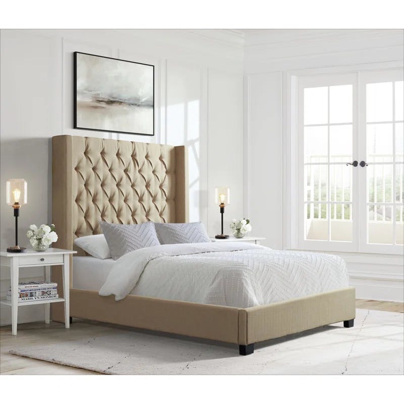 Elegant Queen-Sized Brown Wood Frame Upholstered Bed with Tufted Headboard