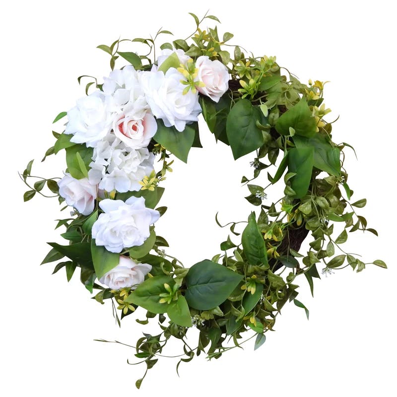 Springtime Elegance Pink & White Rose Hydrangea 24'' Grapevine Wreath