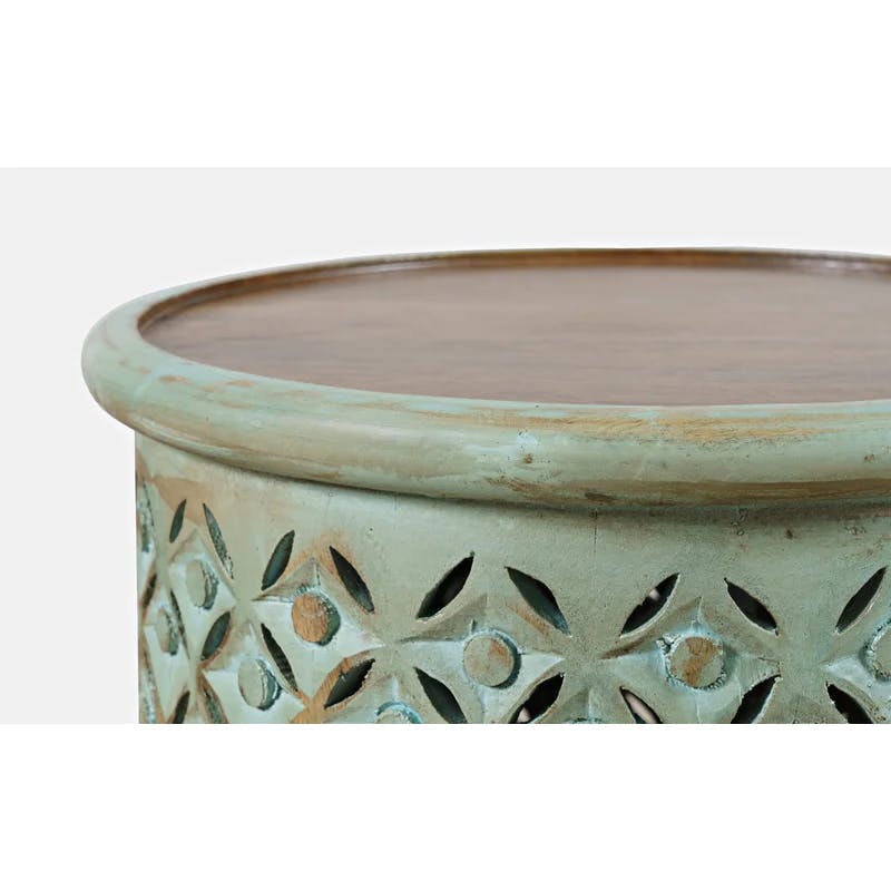 Transitional Hand-Carved 17" Round Drum Table in Antique Grey