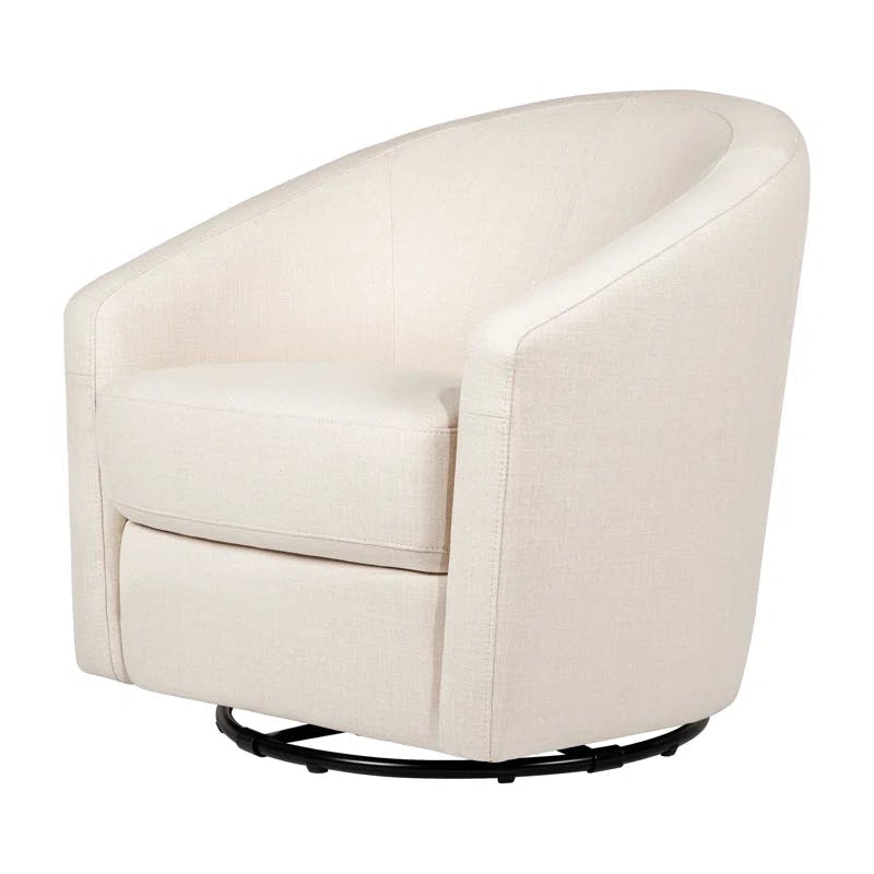 Ivory Boucle Velvet Swivel Glider with Wood Accents, Handcrafted