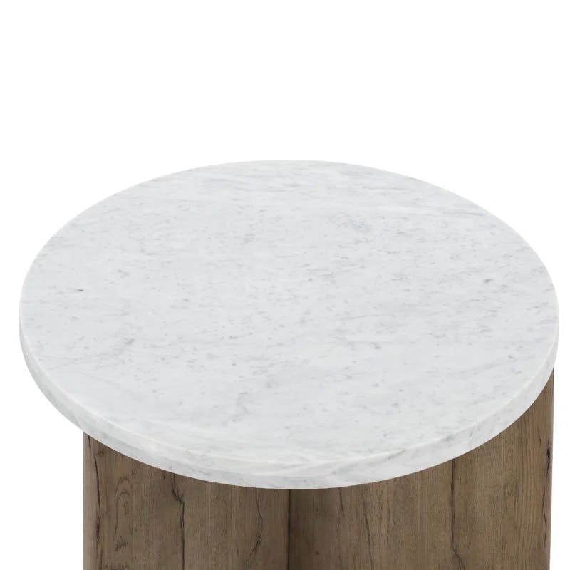 Contemporary Bianco Oak Round End Table with Italian Marble Top