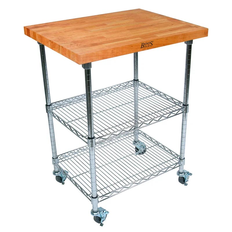 Compact Cherry Top Kitchen Cart with Adjustable Chrome Shelves