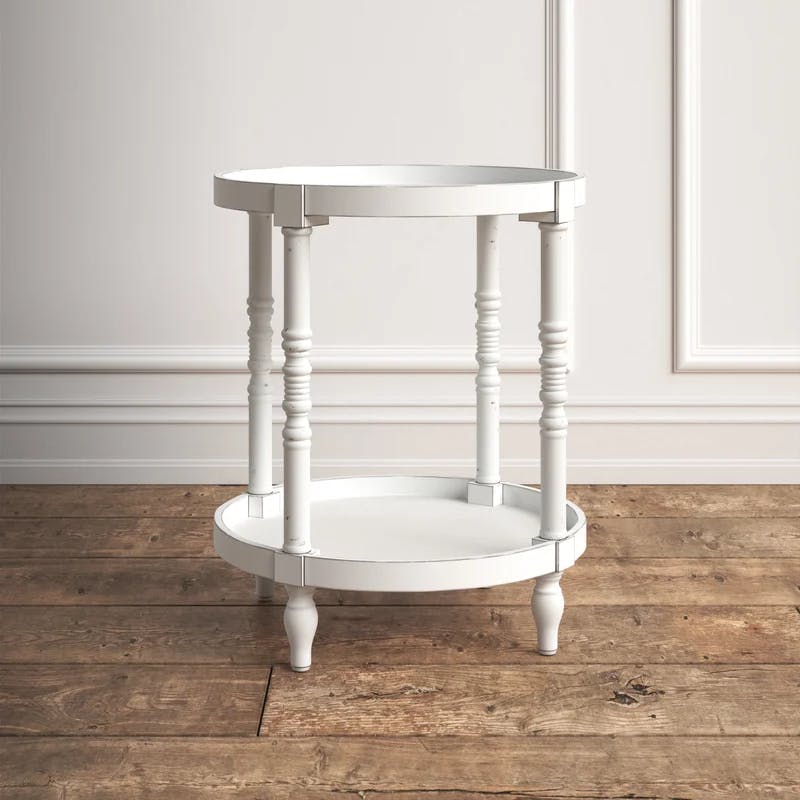 Bellport 22.5" Rustic White Round Wooden Side Table with Shelf