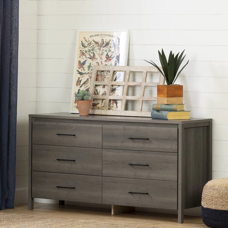 Marble Gray Maple 6-Drawer Double Dresser with Metal Handles