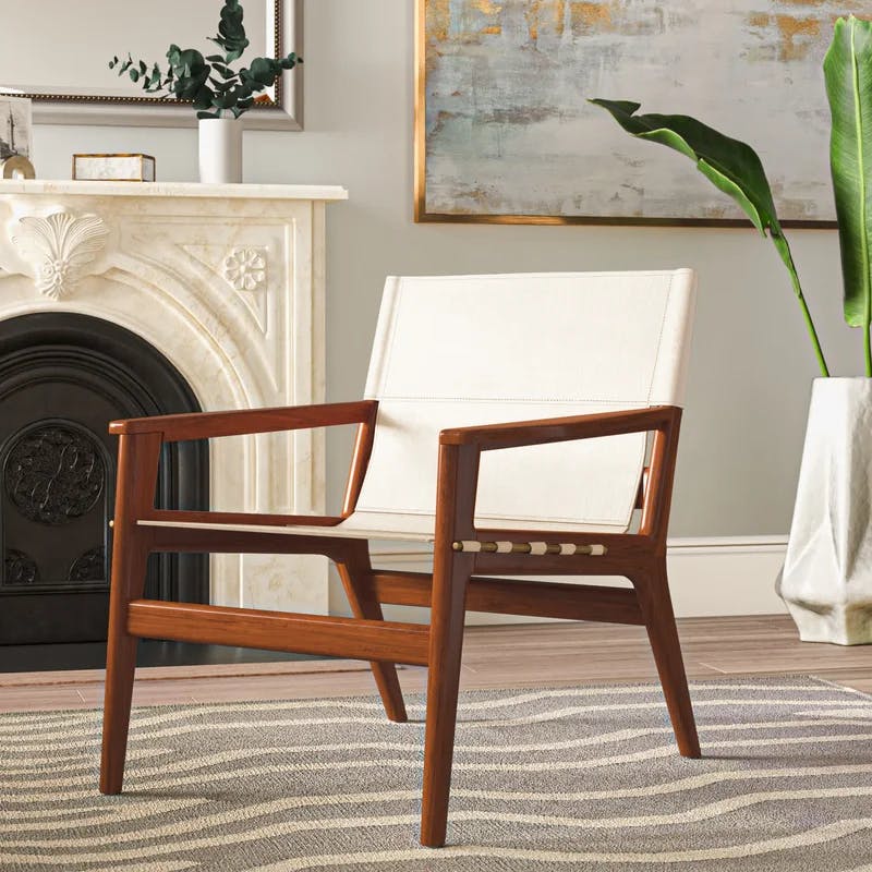 Culkin White Leather and Mahogany Wood Sling Chair