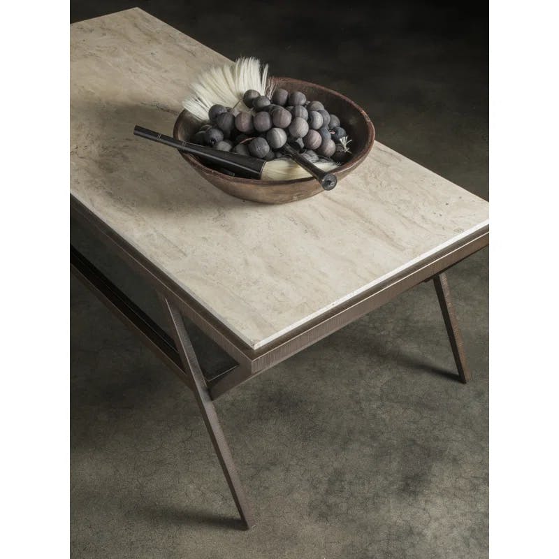 Contemporary Adamo 54" Beige Marble & Glass Coffee Table