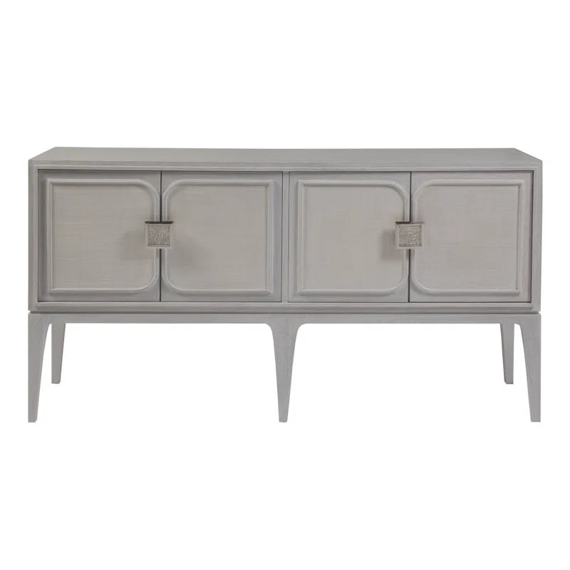 Transitional Gray 61.75'' Oak Media Console with Raffia Cabinet Doors