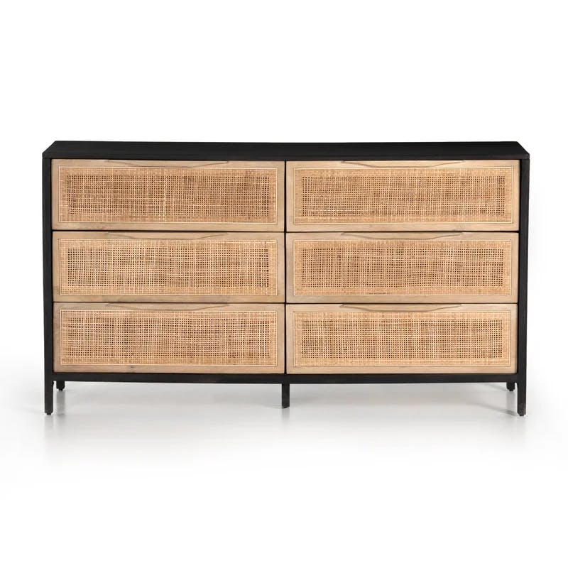Black Wash Double Mid-Century 6-Drawer Dresser with Cane Detail