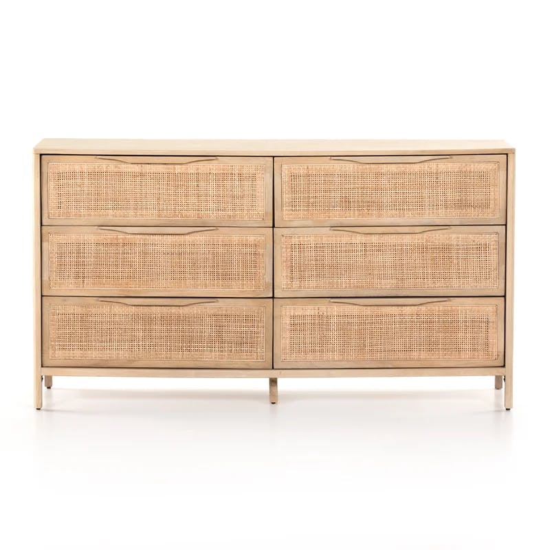 Coastal Charm Double Dresser with Mirror in Natural Mango & Woven Cane
