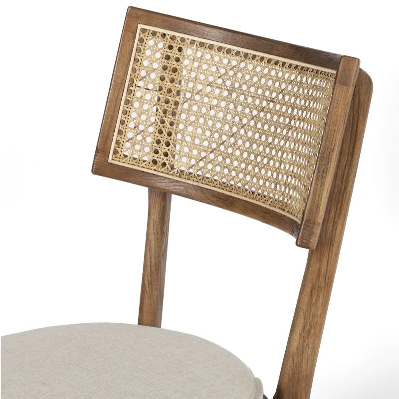 Elegant Linen and Cane Wood Dining Chair in Rich Brown