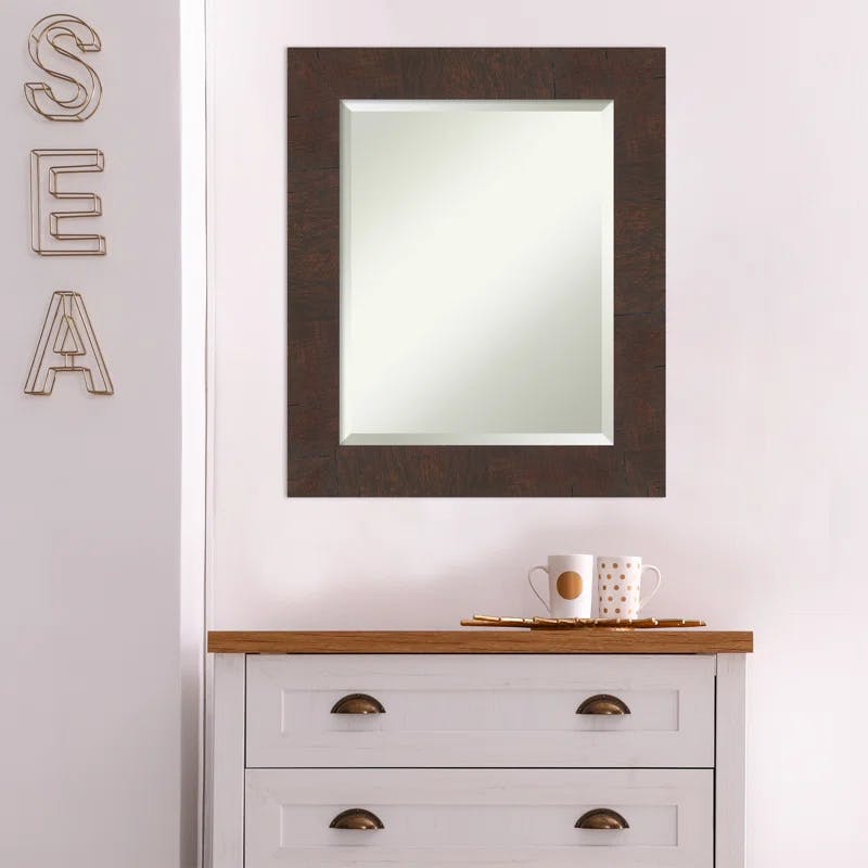 Woodgrain Walnut Brown Rectangular Bathroom Vanity Mirror with Silver Accents