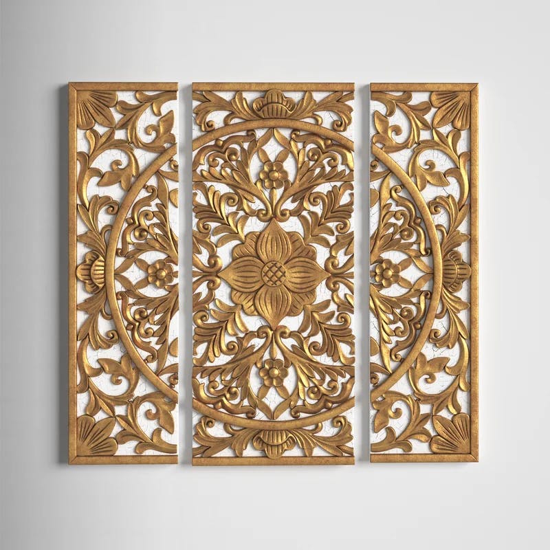 Elegant Gold Medallion Triptych 3-Piece Resin Canvas Wall Art