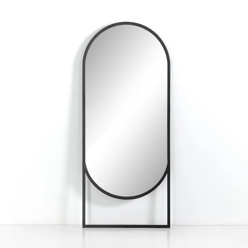 Elegant Matte Black Iron Oval Floor Mirror, 70" Height