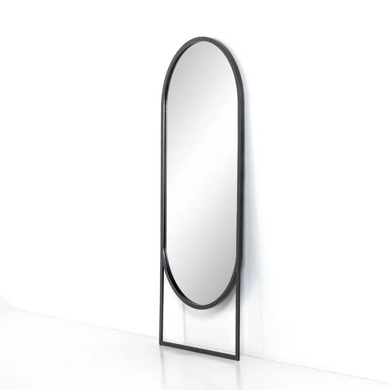 Elegant Matte Black Iron Oval Floor Mirror, 70" Height