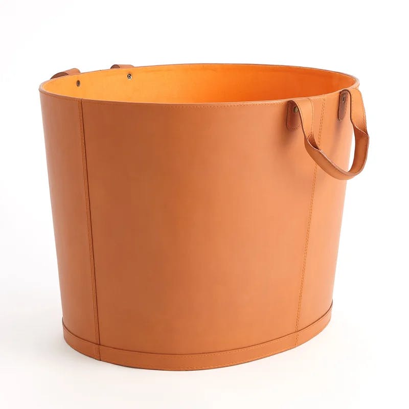 Oversized Oval Orange Leather Storage Basket