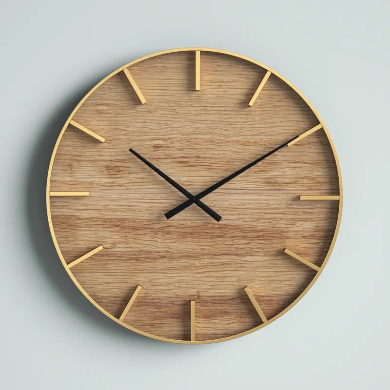 Rustic Elegance 24" Round Brown Wood & Gold Accent Wall Clock