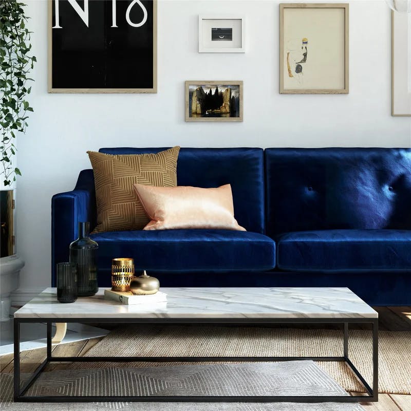 Luxe Blue Velvet Tufted Sofa with Sloped Arms and Wood Accents