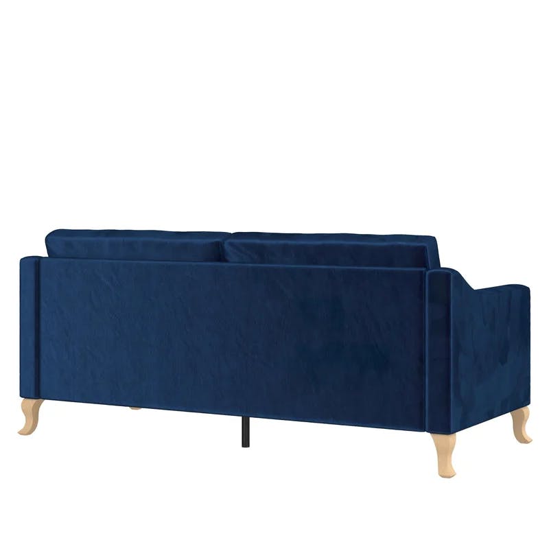 Luxe Blue Velvet Tufted Sofa with Sloped Arms and Wood Accents