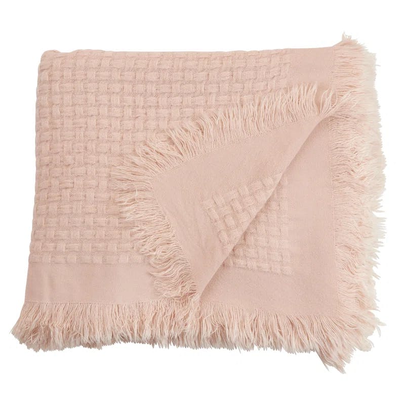 Charming Pink Cotton Waffle Weave Throw Blanket with Fringe Accents