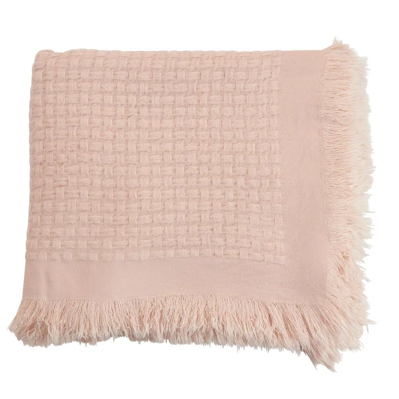 Charming Pink Cotton Waffle Weave Throw Blanket with Fringe Accents