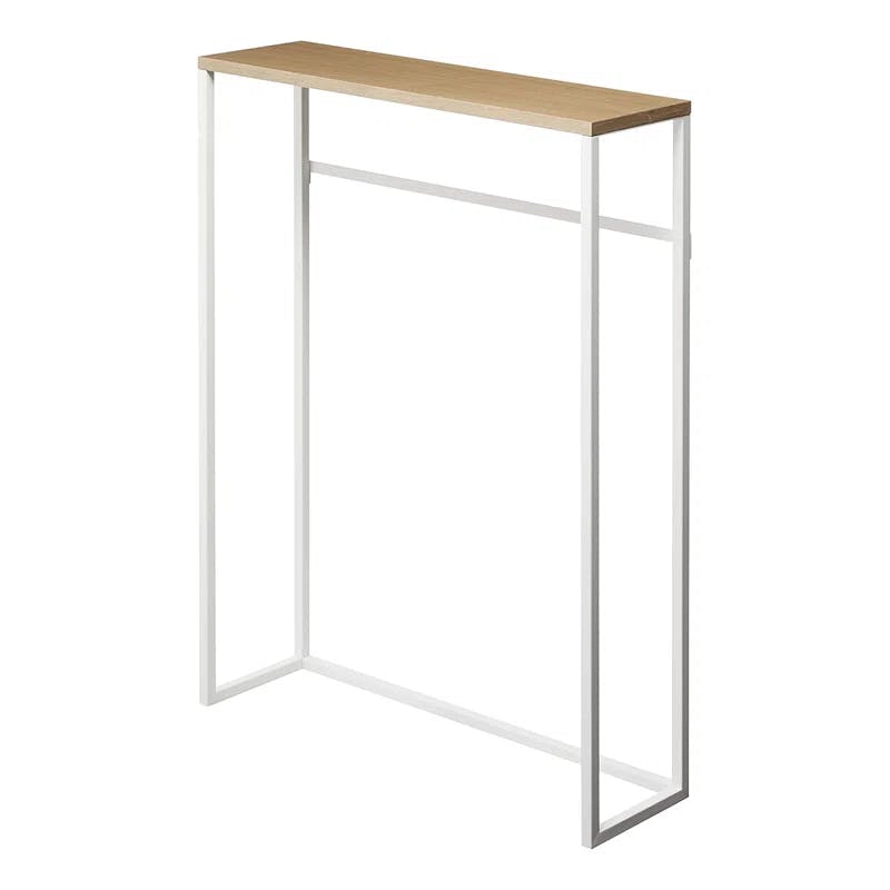 Slim White Metal & Wood Console Table with Storage Hooks