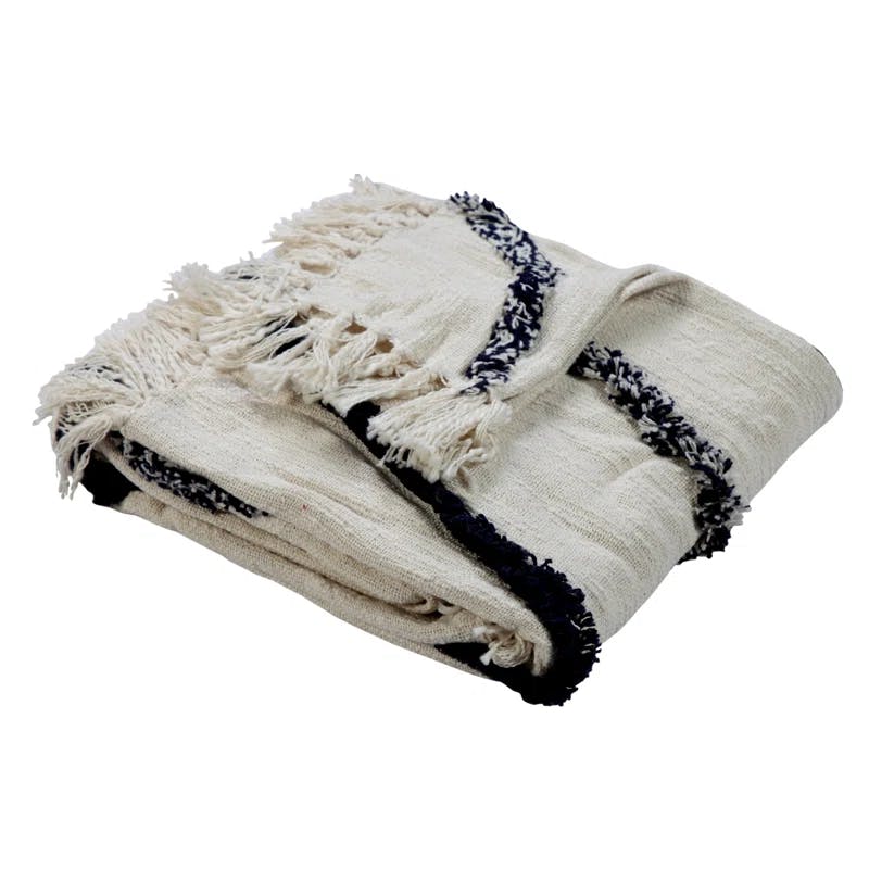 Handwoven Luxe Cotton Fringed Throw Blanket, Natural & Navy, 50" x 60"