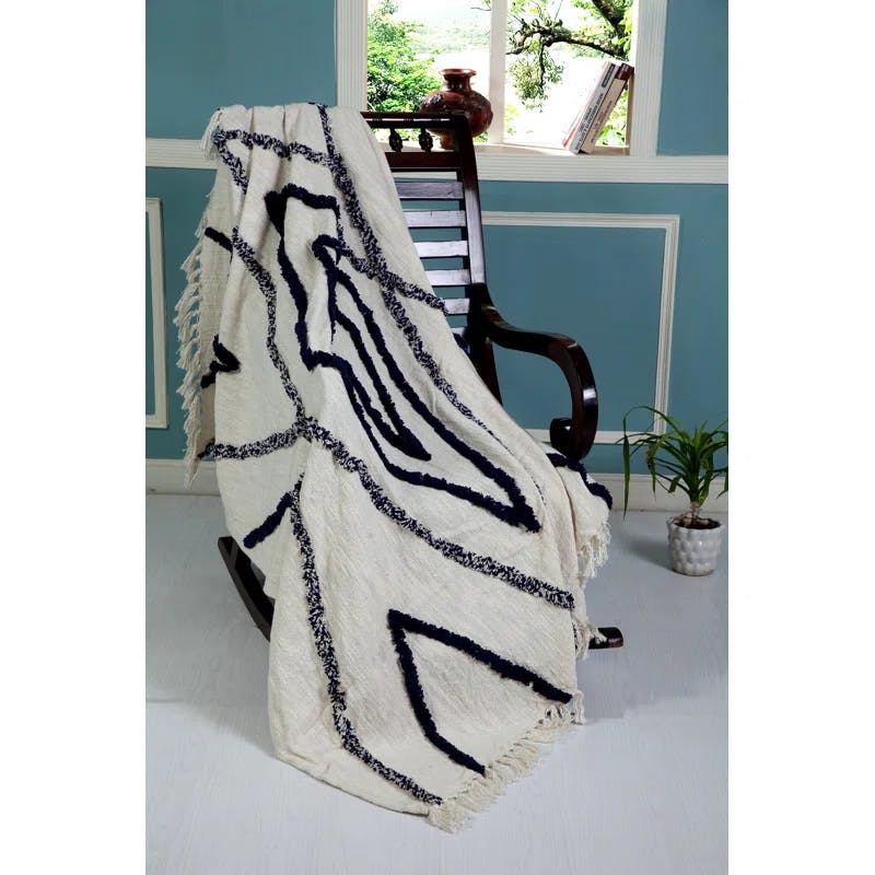 Handwoven Luxe Cotton Fringed Throw Blanket, Natural & Navy, 50" x 60"