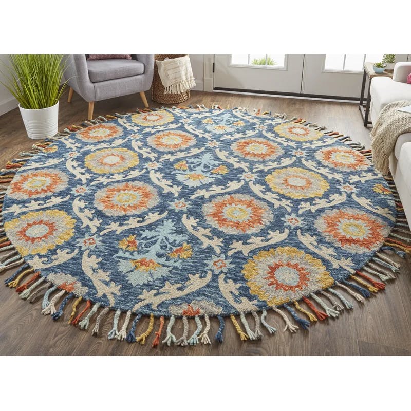 Nomadic Suzani-Inspired Hand Tufted Wool Round Rug in Ocean Blue