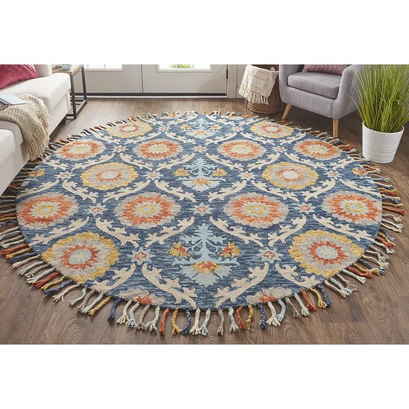 Nomadic Suzani-Inspired Hand Tufted Wool Round Rug in Ocean Blue