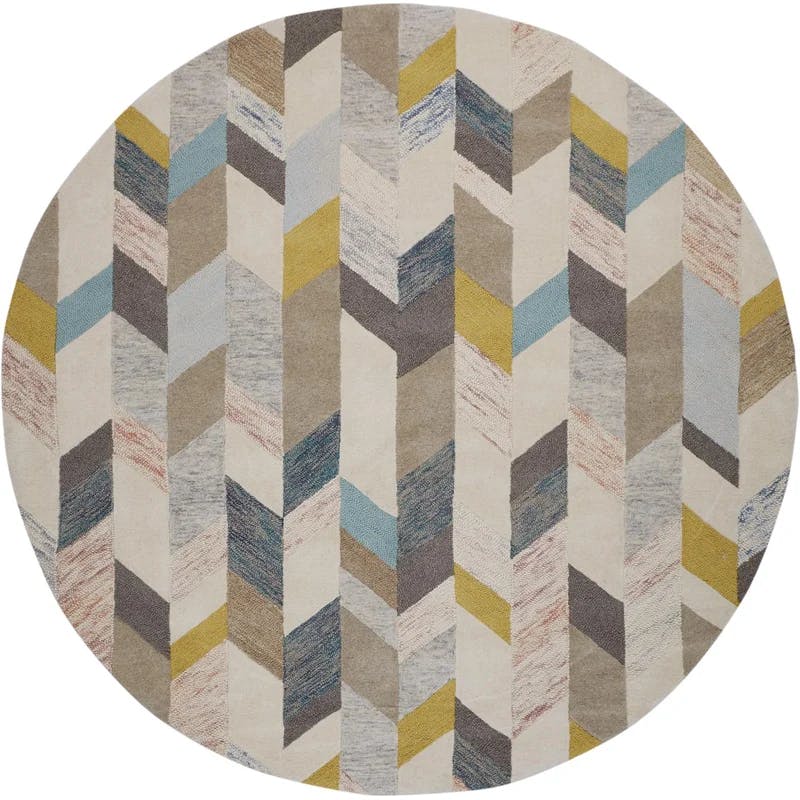 Binada Hand-Tufted Wool Round Rug in Goldenrod, Warm Taupe, and Pastel Turquoise