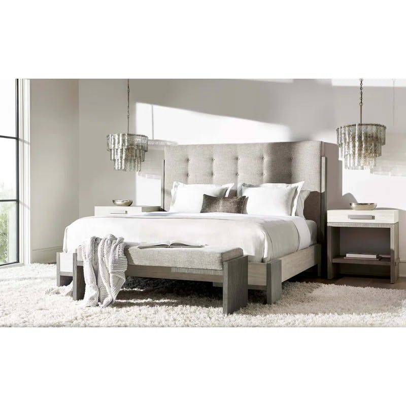 Transitional Gray Linen Upholstered California King Bed with Tufted Headboard