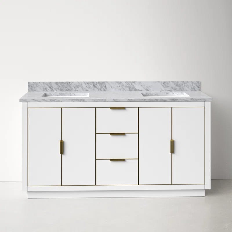 Contemporary 60" White Double Vanity with Marble Top and Gold Accents