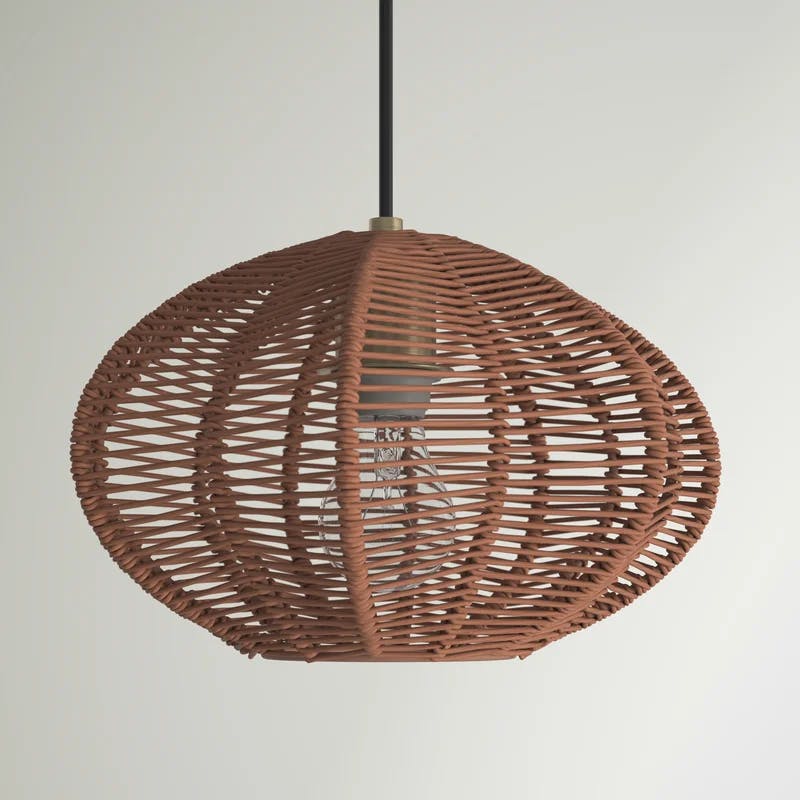 Modern 14'' Globe Pendant Light with Woven Rattan Shade, Brown