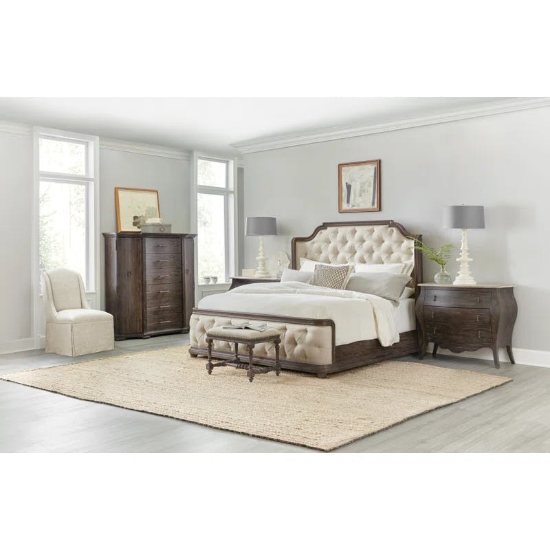 Maduro King Size Pine Wood Upholstered Tufted Bed