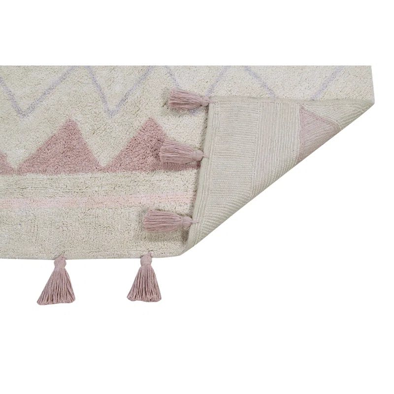 Vintage Nude Hand-Knotted Cotton Geometric Rug with Pompoms