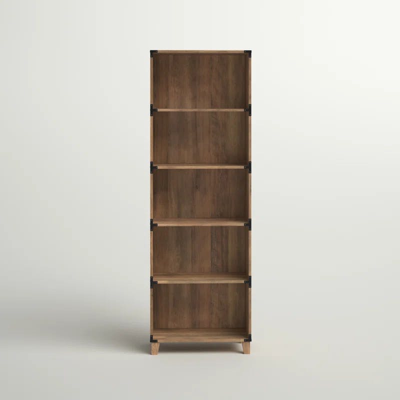 Rustic Oak 5-Shelf Bookcase with Black Metal Brackets