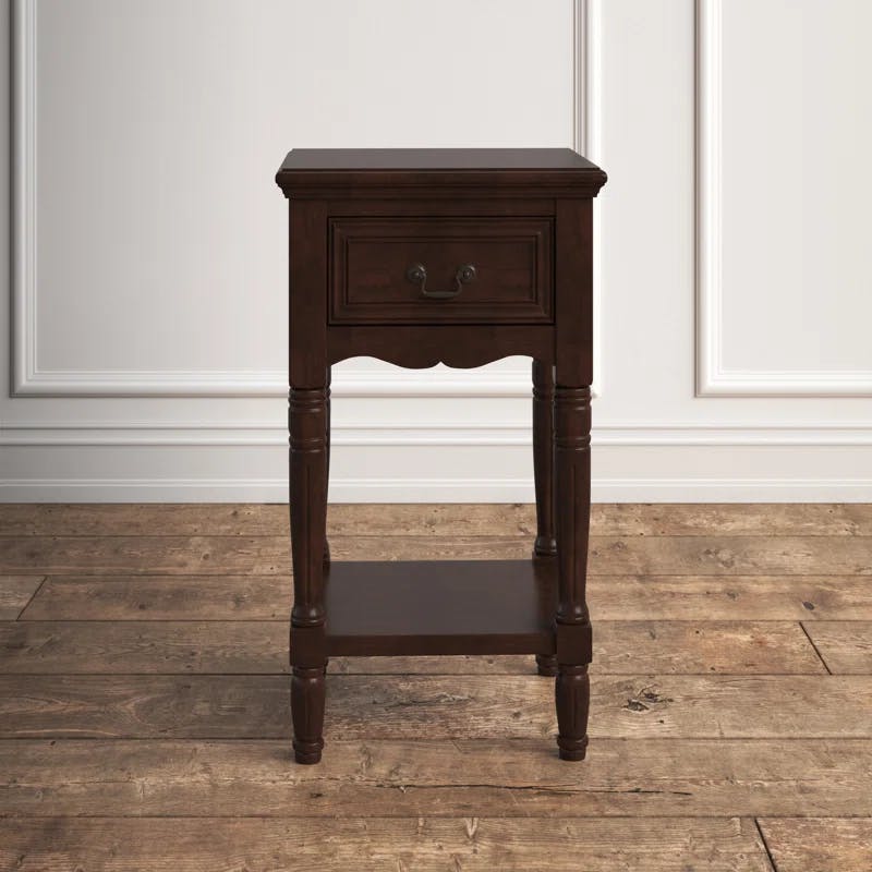 Antiqued Dark Brown Solid Wood Nightstand with 1 Drawer