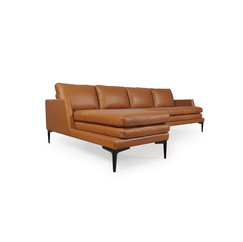 Rica Handcrafted Tan Leather Chaise Sectional with Black Metal Legs