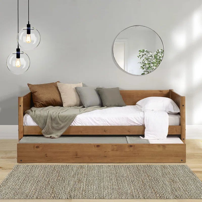 Mid-Century Pine Twin Daybed with Trundle and Wood Slats