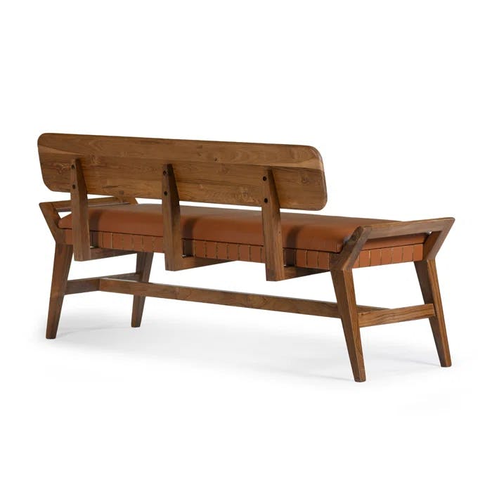 Mid-Century Teak and Genuine Leather 3-Seater Bench