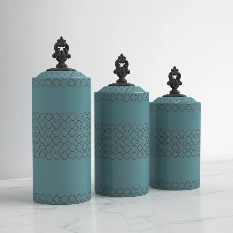 Elegant Blue Antique Ceramic Kitchen Canister 3-Piece Set
