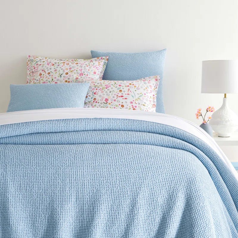 Soft Blue Queen Cotton Waffle Weave Coverlet