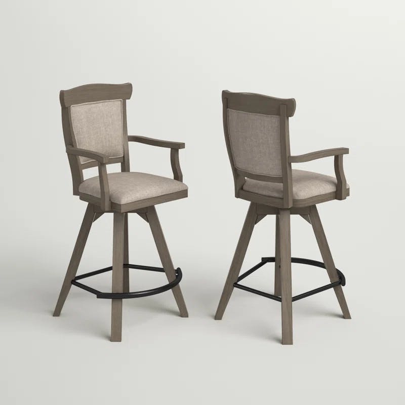 Transitional Distressed Pine Swivel Bar Stool with Upholstered Seat