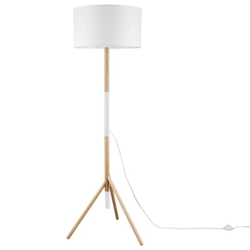 Mid-Century Modern White Natural Wood Tripod Floor Lamp