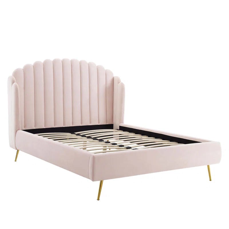 Elegant 70'' Pink Velvet Queen Wingback Platform Bed with Gold Legs