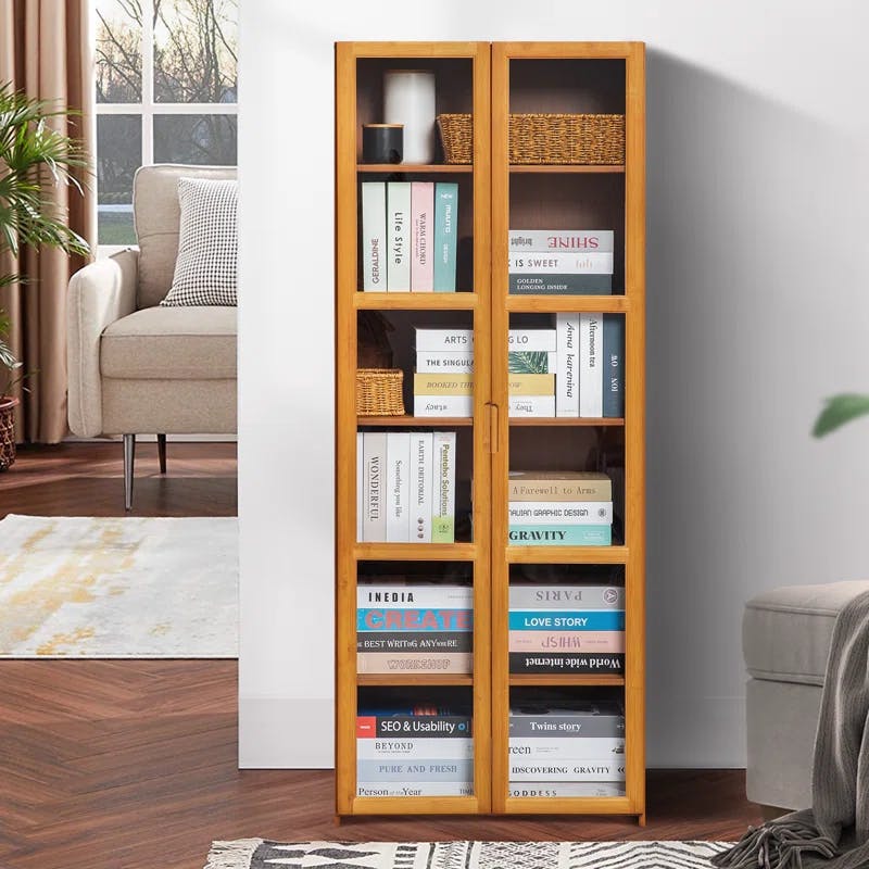 Modern Bamboo 6-Tier Bookcase with Acrylic Doors in Brown