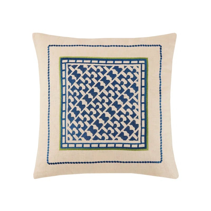 Montecito Chic Geometric Blue and Beige 20" Embroidered Throw Pillow