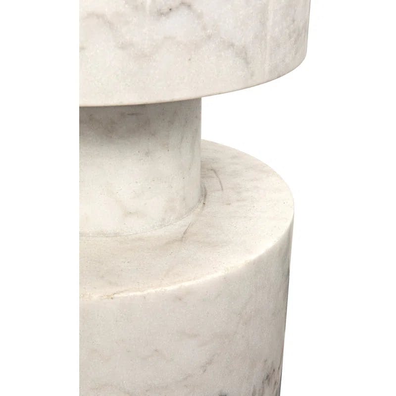 Cylindrical White Stone and Wood Modern Accent Table